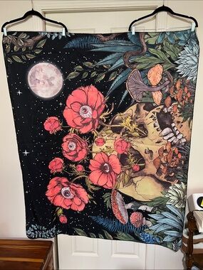 Mushroom, Skull & Poppy with eyes Wall Tapestry in Black and Red